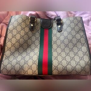 Gucci Beige and Brown Messenger Bag with Red and Green Stripe